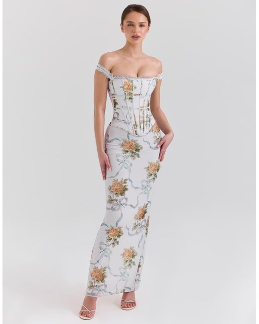 House Of Cb White Isis Vintage Print Corset Maxi Dress