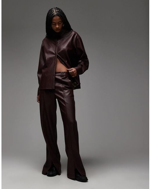 ASOS Gray Mid Rise Straight Leg Faux Leather Trousers Co-ord With Split Hem