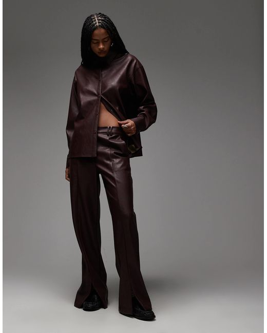 ASOS Gray Mid Rise Straight Leg Faux Leather Trousers Co-ord With Split Hem