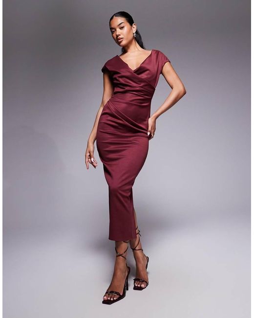 ASOS Purple Structu Midi Dress With Capped Sleeve And Draped Cross Front