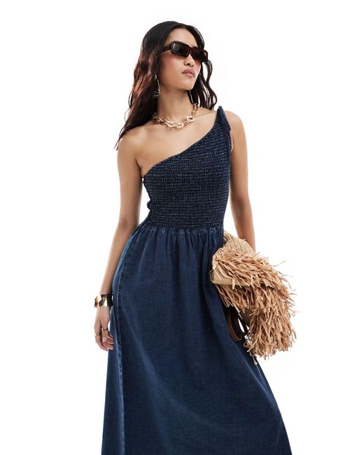 ASOS Blue Soft Denim Midi Dress With Asymmetric Neckline