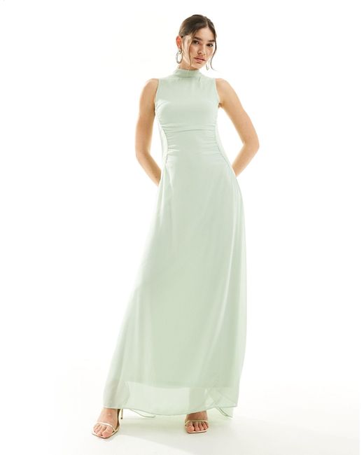 TFNC London Green Bridesmaid Chiffon High Neck Gathered Maxi Dress With Straight Skirt