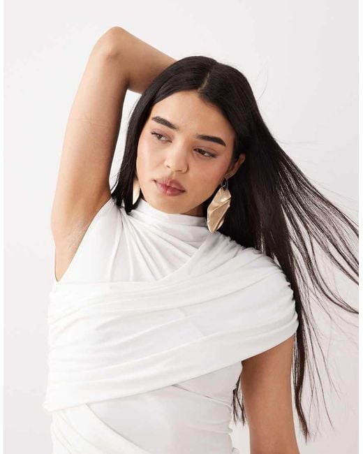 ASOS White Slinky Ruched Drape Detail Top