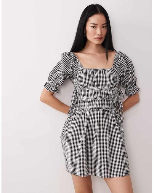Wednesday's Girl Gray Seersucker Milkmaid Mini Dress