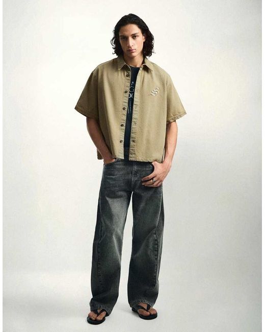 Bershka Natural Short Sleeve Boxy Textured Shirt for men