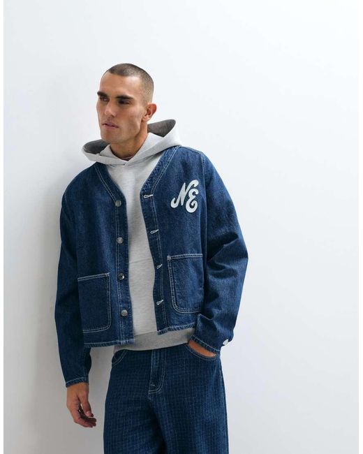 KTZ Blue Logo Button Up V-Neck Denim Jacket for men