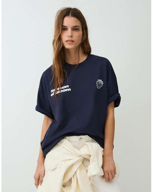 Bershka Blue Short Sleeve Print T-shirt