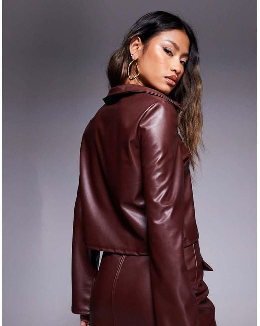 ASOS Brown Co-ord Leather Look Cropped Boxy Fit Long Sleeve Shirt