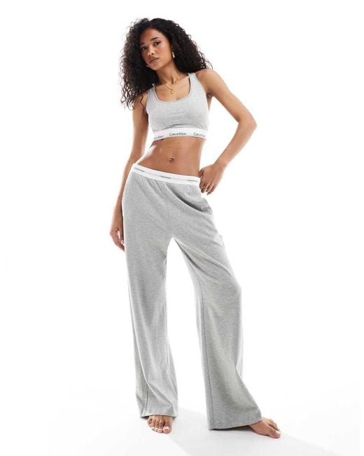 Calvin Klein Gray Modern Terry Lounge Wide Leg Pant With Logo Waistband