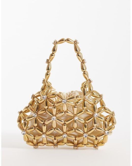 River Island Metallic Flower Pearl Beaded Grab Bag