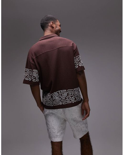 Topman Gray Oversized Fit Textured Button Through Jersey Shirt With Geo Cord Embroidery for men