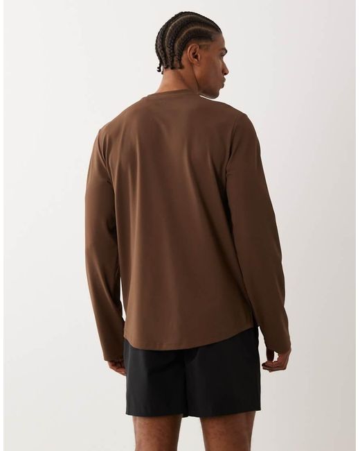 4505 Brown Running Quick Dry Performance Waffle Knit Long Sleeve Top With Curved Hem for men