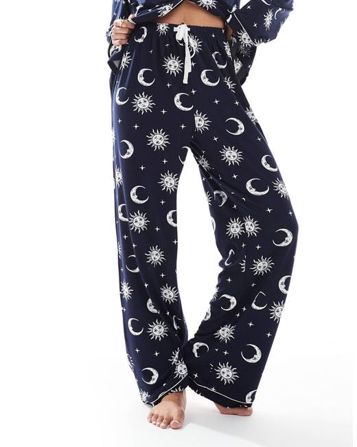 Loungeable Blue Super Soft Jersey Revere Top And Wide Leg Pajama Set With Piping Detail