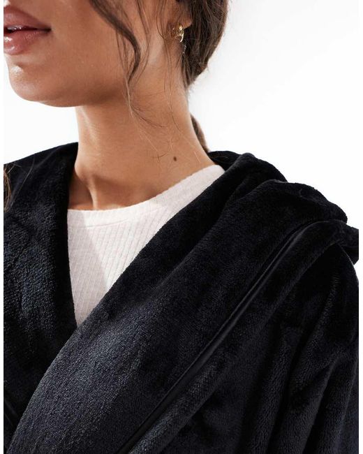 Loungeable Black Ribbon Trim Luxury Fleece Hooded Maxi Dressing Gown