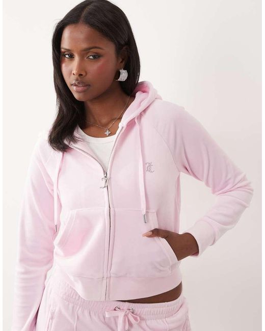 Juicy Couture Pink Velour Diamante Logo Detail Zip Through Hoodie