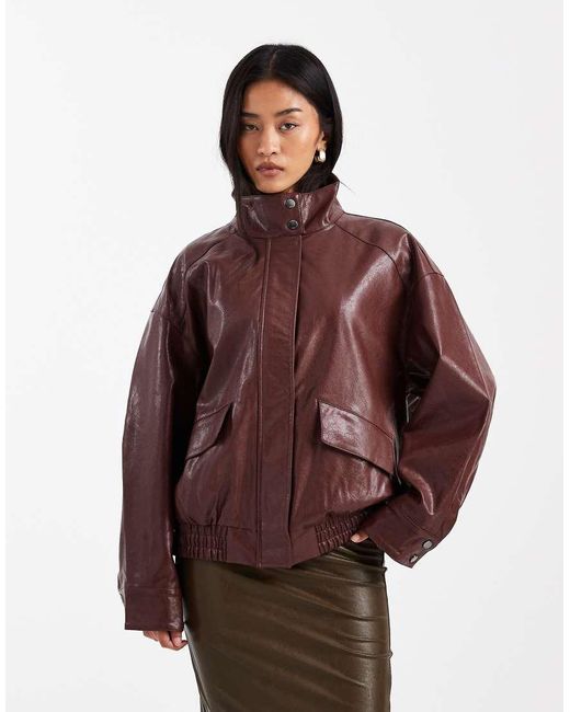 ONLY Brown Faux Leather Bomber Jacket