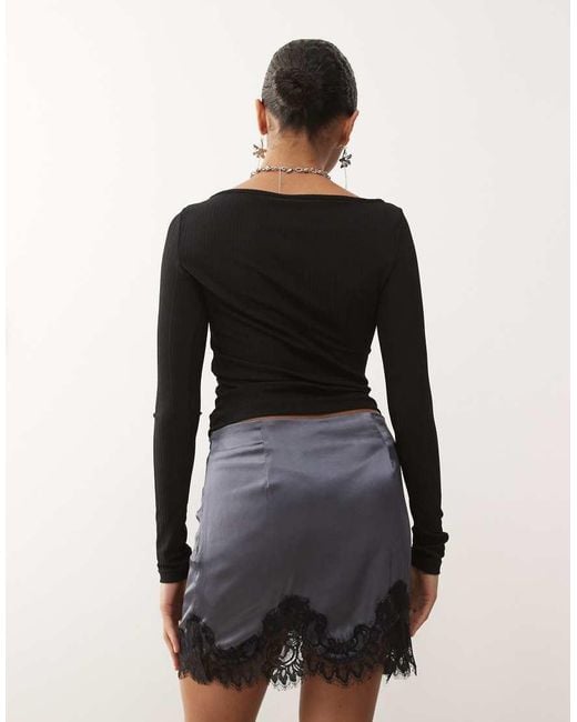 Noisy May Black Satin Mini Skirt With Lace Trim