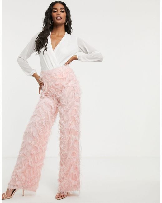 Missguided Pink Feather Look Wide Leg Trousers