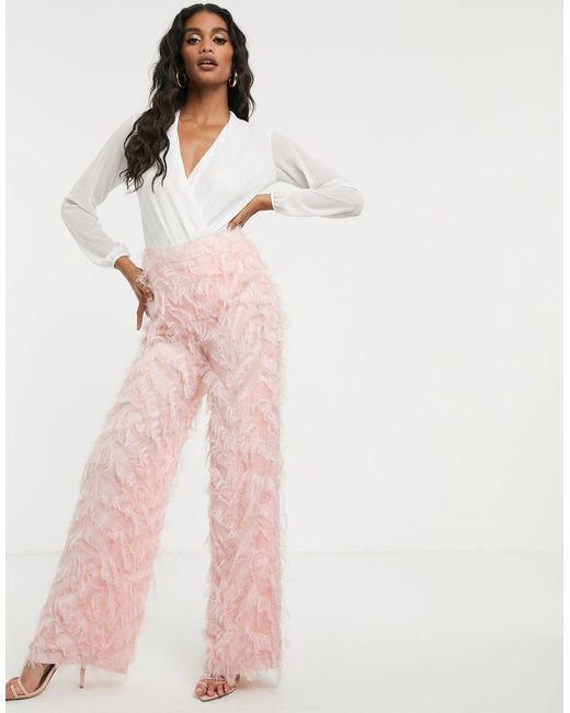 Missguided Pink Feather Look Wide Leg Trousers