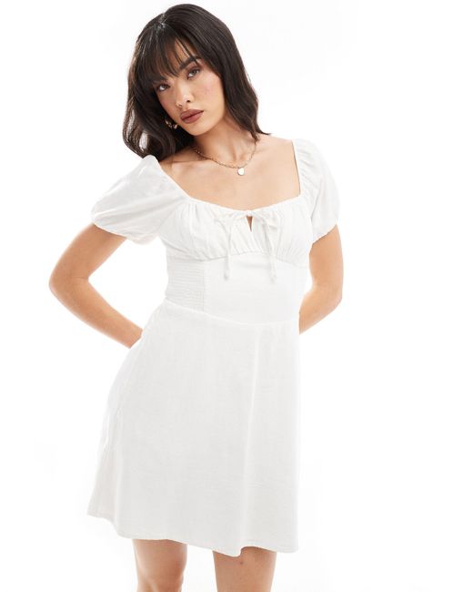 Hollister White Short Sleeve Linen Blend A-line Mini Dress With Sweetheart Neckline