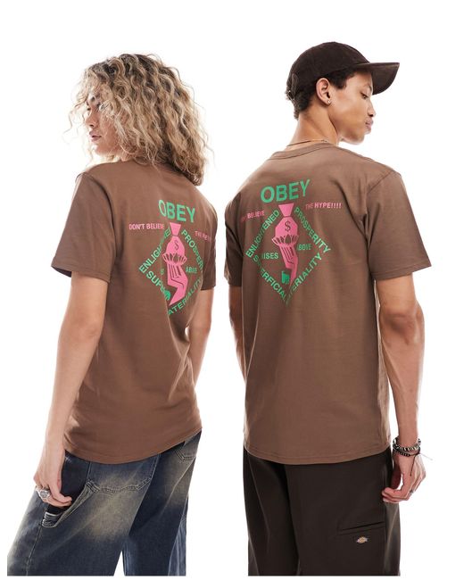 T-shirt a maniche corte unisex con grafica spirituale di Obey in Brown