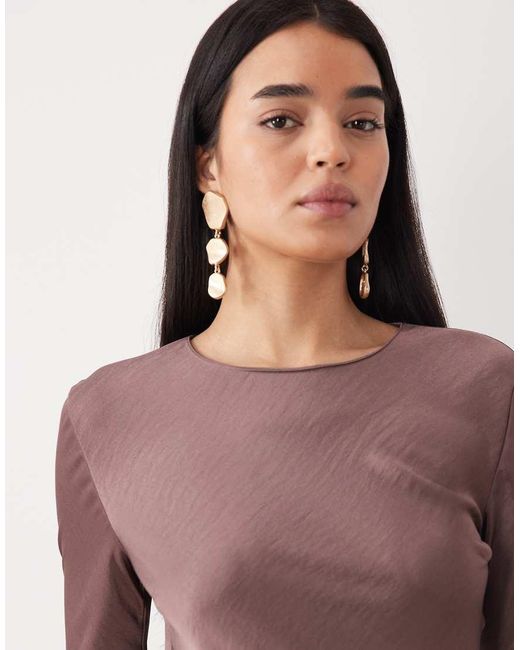 Mango Purple Round Neck Satin Long Sleeve Maxi Dress