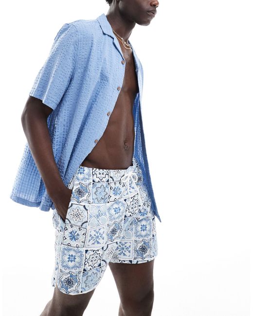 Abercrombie & Fitch Blue 7inch Pull On Tile Print Seersucker Swim Shorts for men