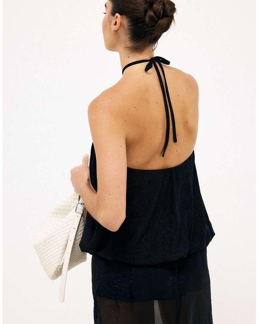 NA-KD Black Bubble Hem Halterneck Top