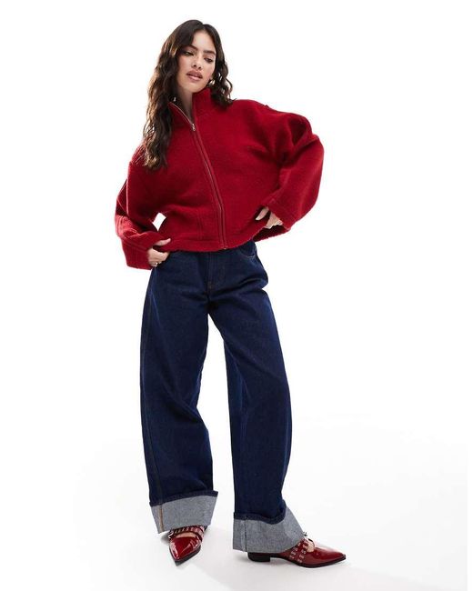 ASOS Red Cropped Borg Jacket With Funnel Neck And Sleeve Trim Detail