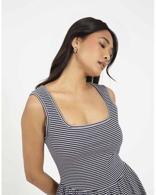 Brave Soul Gray Cotton Jersey Scoop Neck Stripe Skater Mini Dress