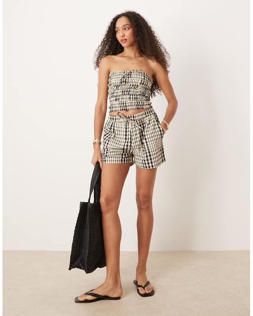 Brave Soul Geruite Short Met Elastische Taille, Deel Van Co-Ord Set in het Natural