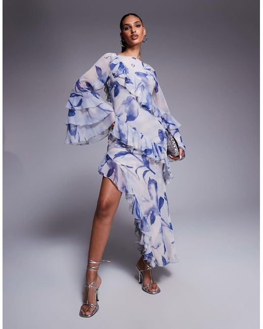 ASOS Blue Ruffle Bias Maxi Dress With Extreme Tiered Sleeve