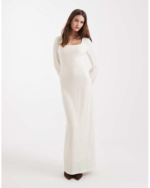 4th & Reckless White Ribbed Jersey Square Neck Fluted Sleeves Maxi Dress