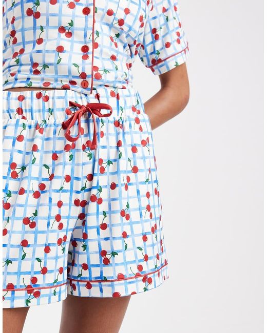 Threadbare Blue Button Down Super Soft Short Pyjama Set With Cherry Print