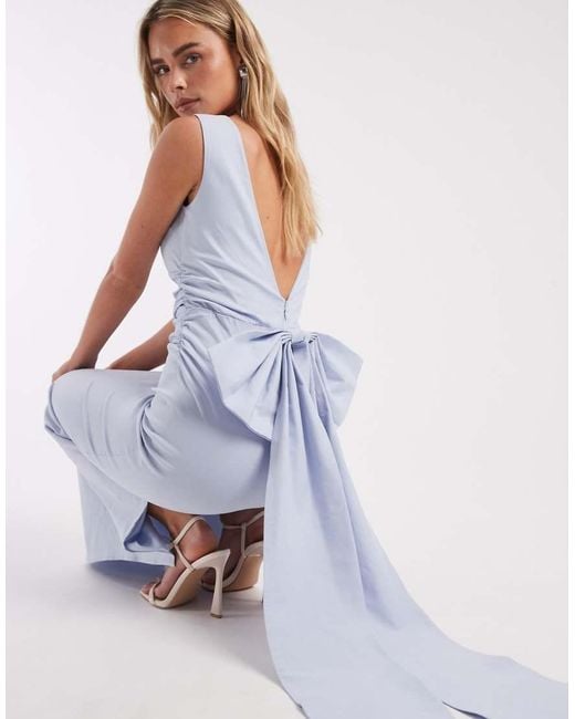 TFNC London Blue Bridesmaid Bengaline Maxi Dress With Detachable Bow Back