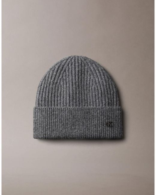 Calvin Klein Gray Wool Blend Signature Logo Beanie for men