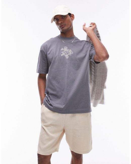 Topman Gray Oversized Fit T-shirt With Floral Embroidery for men
