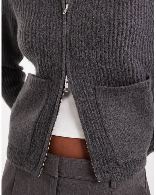 ASOS Gray Knitted Fisherman Rib Bomber Jacket With Pocket Detail