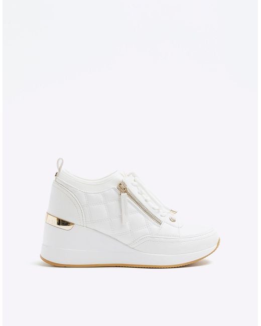 River Island White Quilted Side Zip Wedge Trainers