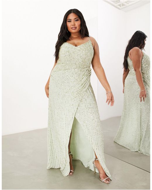 Asos design curve - l'invitée - robe longue à ornements avec bretelles fines et détail drapé sur le côté - sauge ASOS en coloris Green