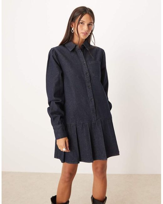 Glamorous Blue Drop Waist Pleated Mini Denim Dress