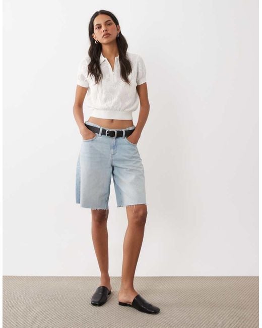 ASOS White Floral Open Knit Short Sleeve Zip Polo
