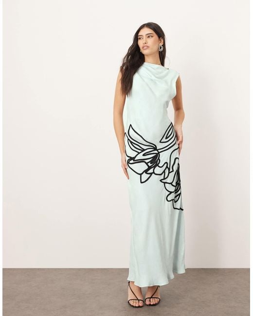 ARRANGE White Linear Floral Asymmetric Column Maxi Dress