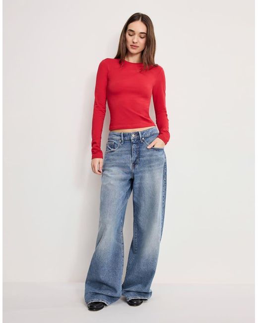 GOOD AMERICAN Red Cotton Rich Crew Neck Long Sleeve Top