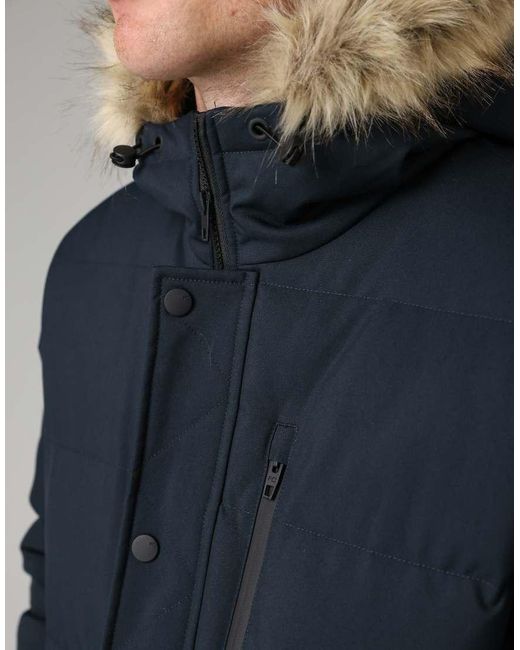French Connection Blue Faux Fur Hooded Padded Parka Mid-Length Jacket for men