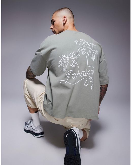 ASOS Gray Boxy Oversized T-shirt With Palm Graphic for men