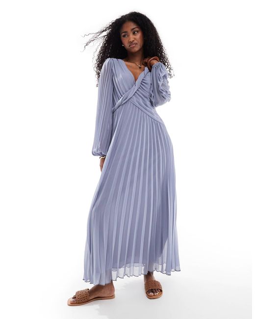 asos purple midi dress ASOS DESIGN textured pleated midi dress with pleated long sleeves and V detail in purple