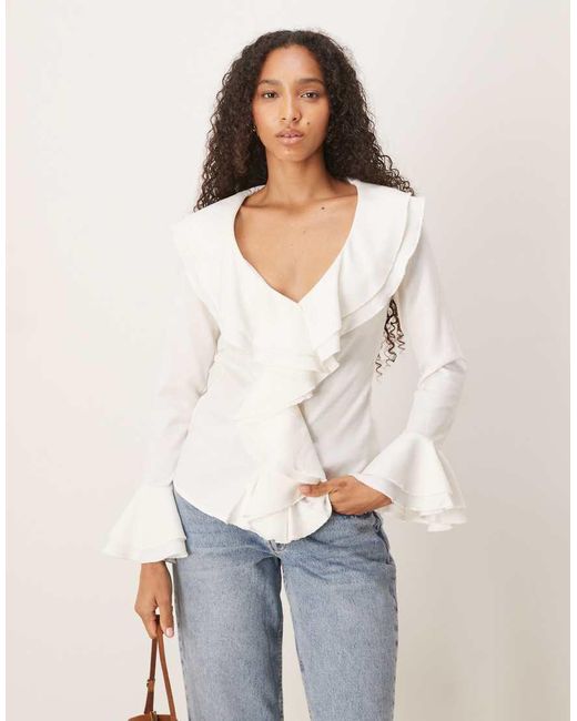 Glamorous White V-Neck Ruffle Trim Blouse