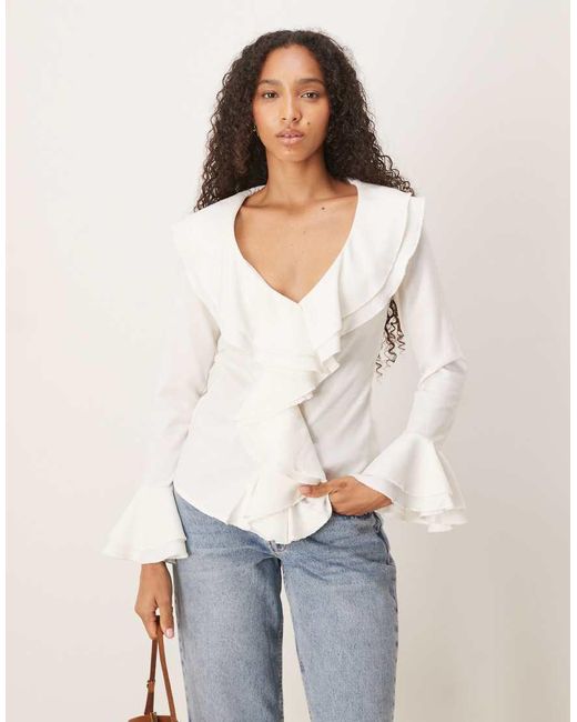 Glamorous White V-Neck Ruffle Trim Blouse