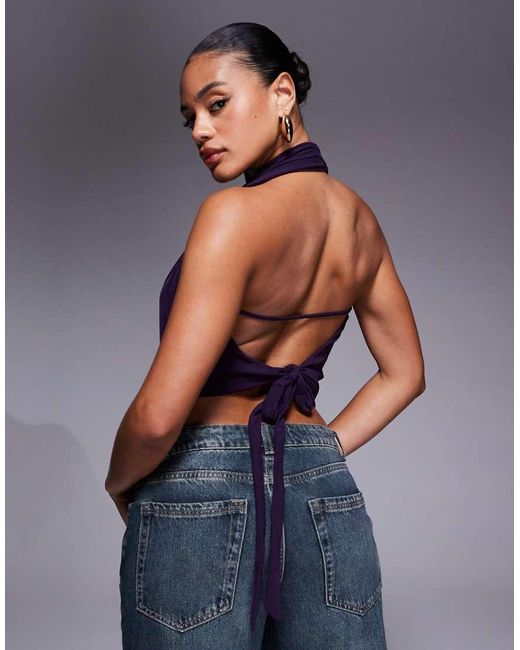 Princess Polly Blue Carefree Days Cowl Halterneck Open Back Strap Detail Top